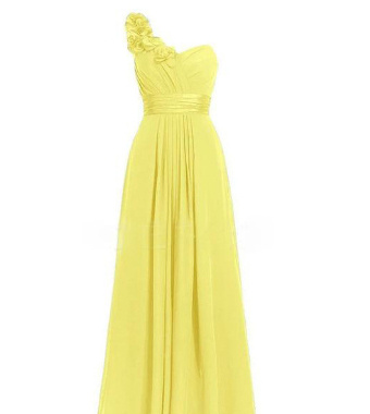 Elegant one-shoulder yellow evening gown with floral detail and flowing skirt, perfect for formal occasions and special events.