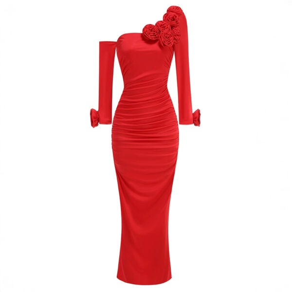 Elegant red evening gown featuring a one-shoulder design, ruched detailing, and floral embellishments on the shoulder. Perfect for formal occasions and special events.