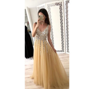 8220Elegant V Neck and Back Sequin Embroidered FloorLength Dovetail Dress Apricot SMLXL8221 - Exclusive Sleek Versatile