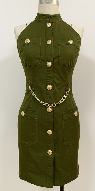 Olive green halter neck dress with gold button details and two front pockets, featuring a stylish chain belt for added flair. Perfect for casual or semi-formal occasions.