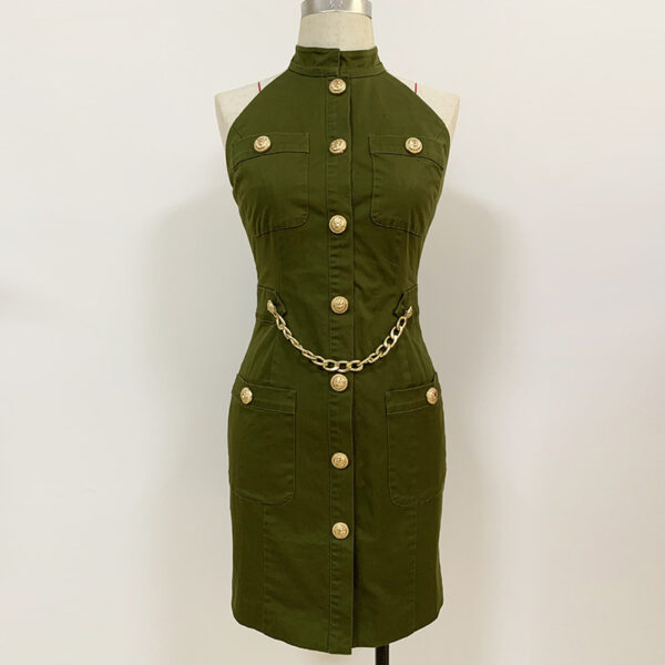 Olive green halter neck dress with gold button details and two front pockets, featuring a stylish chain belt for added flair. Perfect for casual or semi-formal occasions.