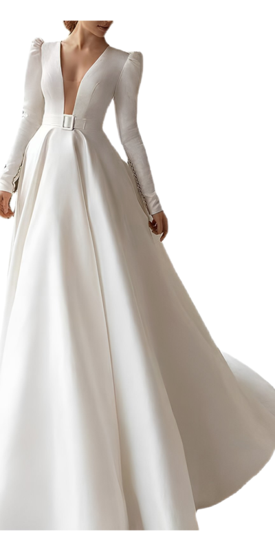 Elegant white wedding dress featuring a deep V-neckline, long sleeves, and a cinched waist with a belt, flowing into a full skirt. Perfect for modern bridal fashion.