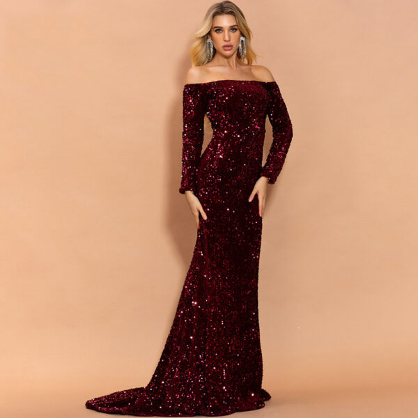 Elegant model wearing a long, off-the-shoulder burgundy sequin gown with long sleeves, showcasing a fitted silhouette and a dramatic train against a neutral background. Ideal for formal events or evening wear.