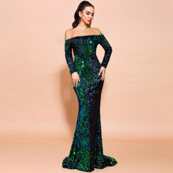 Elegant off-shoulder gown featuring a stunning blend of green and black sequins, designed to accentuate the figure with long sleeves and a dramatic train, perfect for formal events and evening wear.