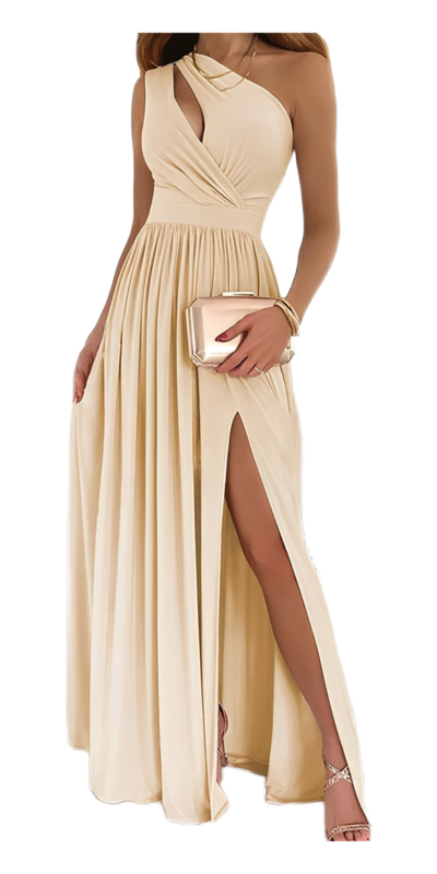 Elegant one-shoulder beige evening gown with a thigh-high slit and pleated design, accessorized with a stylish clutch and strappy heels, perfect for formal events and special occasions.