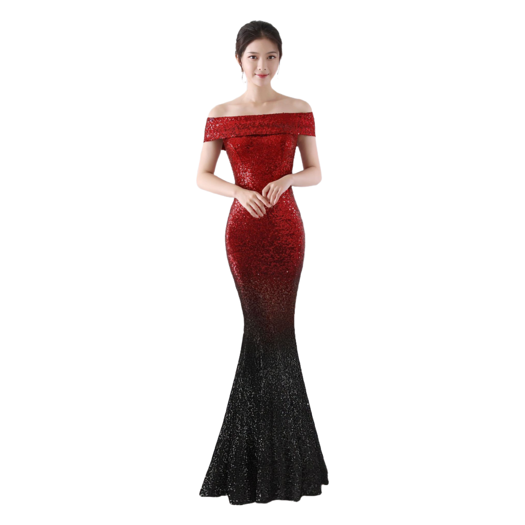 Elegant off-the-shoulder evening gown featuring a gradient design from red to black, adorned with sequins for a glamorous look. Perfect for formal events and special occasions.