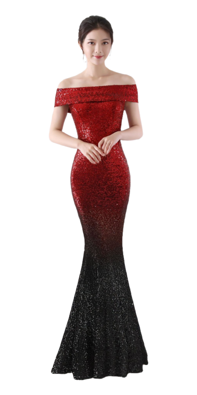 Elegant off-the-shoulder evening gown featuring a gradient design from red to black, adorned with sequins for a glamorous look. Perfect for formal events and special occasions.