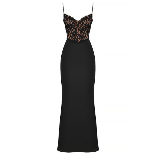 Elegant black evening gown featuring a lace bodice and spaghetti straps, perfect for formal events or special occasions.