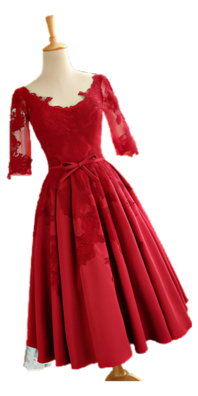 Elegant red dress with lace sleeves and a fitted bodice, featuring a flared skirt and bow detail at the waist, displayed on a mannequin. Perfect for formal occasions and special events.