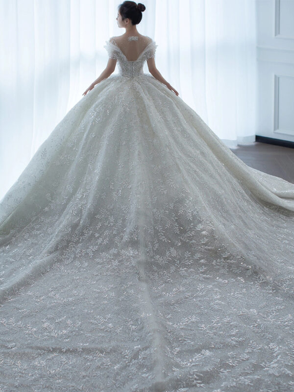 Elegant bridal gown with intricate lace detailing and a flowing train, showcased from the back. The dress features off-shoulder sleeves and a delicate sheer back, capturing a romantic and timeless wedding style. Natural light enhances the gown's luxurious texture against a softly lit backdrop.