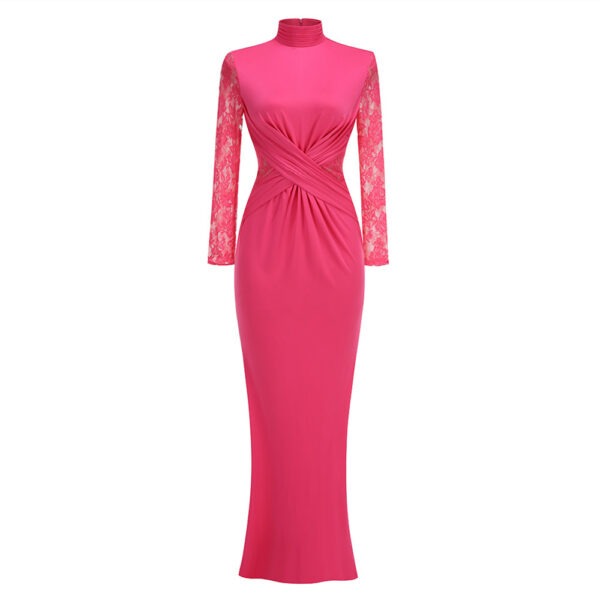 Elegant pink evening gown featuring long lace sleeves and a flattering twisted design at the waist, perfect for formal occasions and special events.