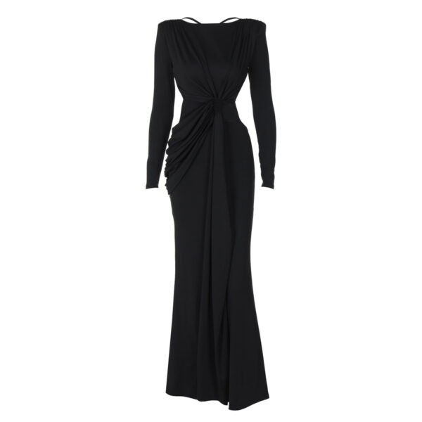 Elegant black long-sleeve evening gown featuring a twisted front design and draped detailing, perfect for formal occasions and special events.