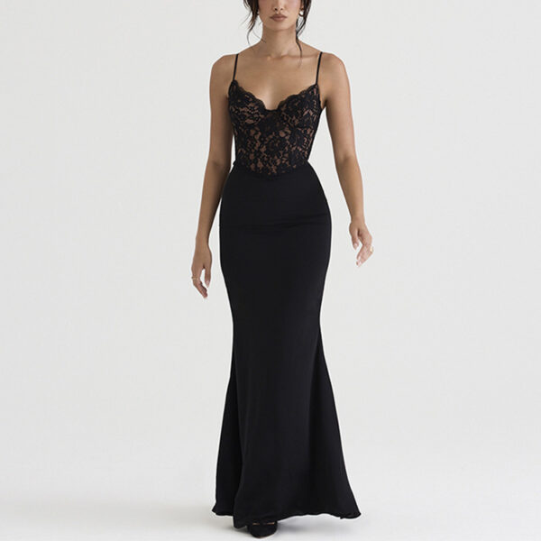 Elegant black lace and fitted satin evening dress with spaghetti straps, designed for formal occasions. The dress features a flattering silhouette that accentuates the figure, ideal for special events.