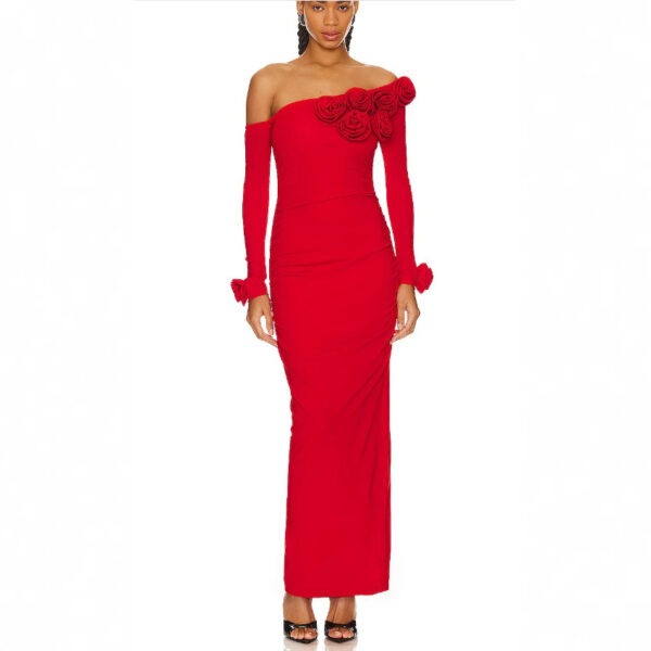 Elegant red off-shoulder dress featuring floral embellishments and long sleeves, perfect for formal events or evening wear.