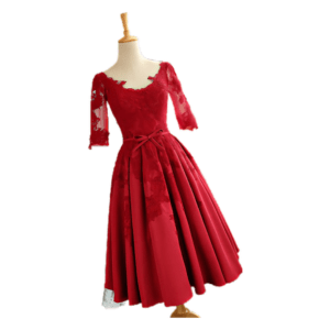 Elegant red dress with lace sleeves and a fitted bodice, featuring a flared skirt and bow detail at the waist, displayed on a mannequin. Perfect for formal occasions and special events.