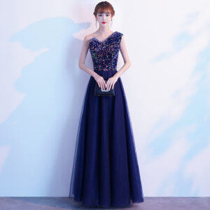 One Shoulder Tulle Gown for Women 8211 Navy Blue Evening Banquet Dress - Edgy Handcrafted Premium