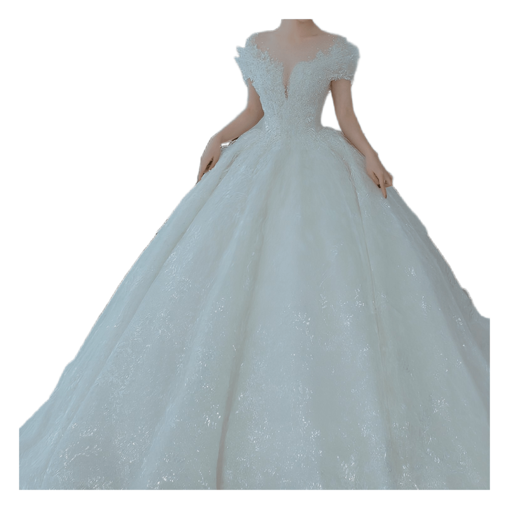 Elegant white ball gown featuring a deep V-neckline and delicate off-the-shoulder lace sleeves, designed for bridal or formal occasions. The dress has a voluminous skirt with intricate detailing, perfect for making a statement on special days.