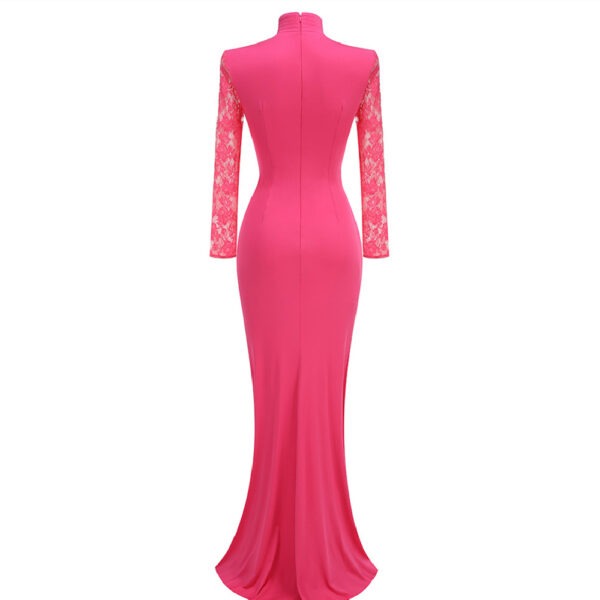 Elegant pink evening gown with long lace sleeves and a fitted silhouette, showcasing a sophisticated back view. Perfect for formal occasions and special events.