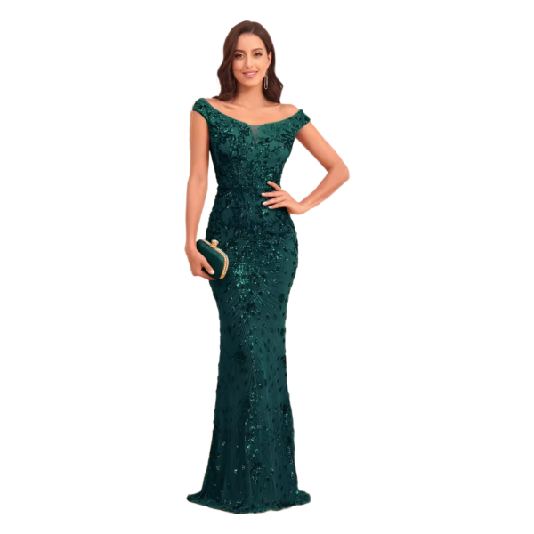 Elegant woman wearing a fitted emerald green evening gown with off-the-shoulder design, embellished with intricate beadwork and sequins, holding a stylish clutch bag. Perfect for formal events and special occasions.