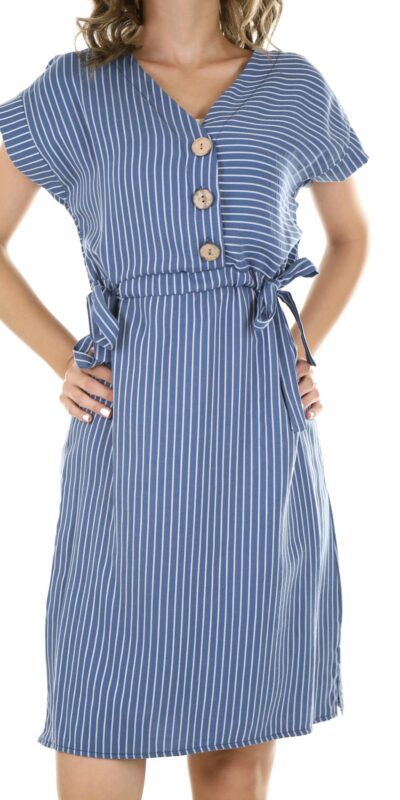 Elegant blue striped dress with wooden buttons, perfect for summer fashion.