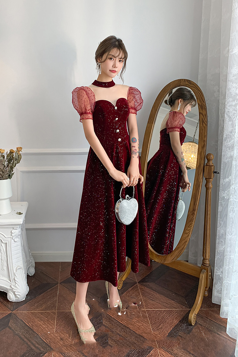 Flared Velvet Dress for Women 8211 Wine Red Korean Style Evening Gown - Classic Chic Elegant