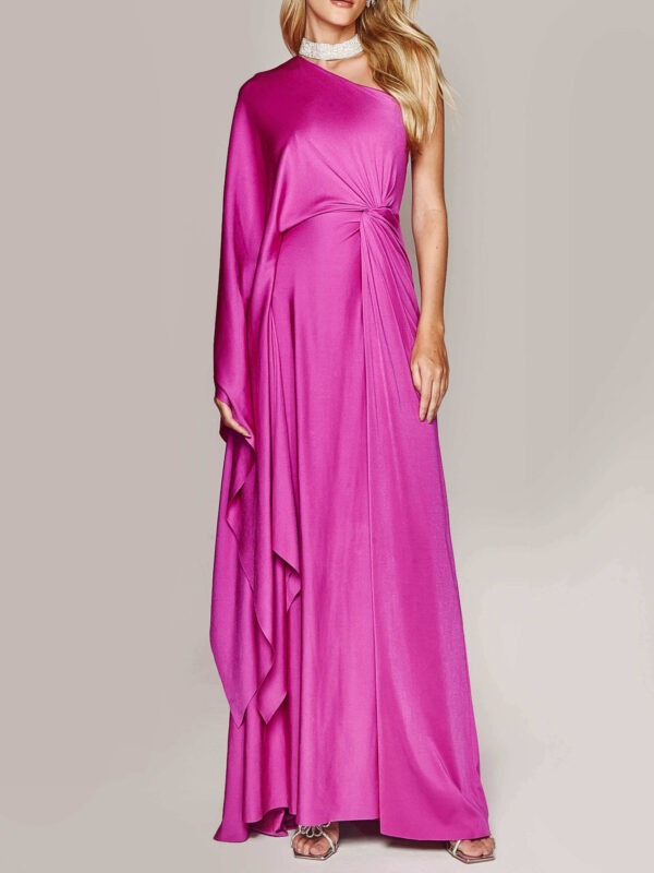 Elegant woman wearing a vibrant pink one-shoulder evening gown with draped fabric and a knotted design at the waist, complemented by a sparkling choker necklace and stylish heels.