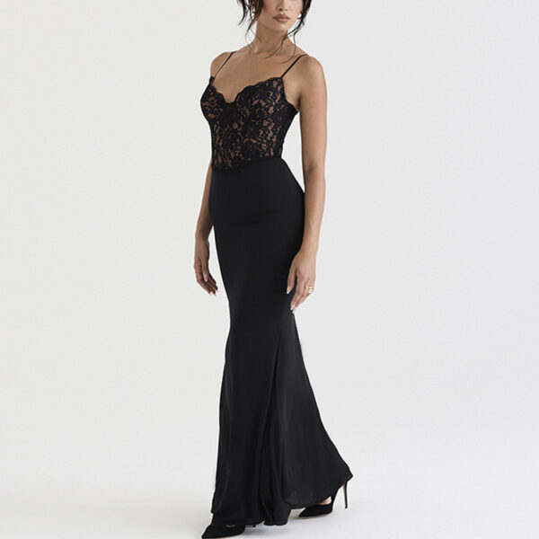 Elegant woman wearing a black lace bodysuit with a fitted black skirt, showcasing a chic and sophisticated evening look. The dress features thin straps and a mermaid silhouette, perfect for formal occasions.