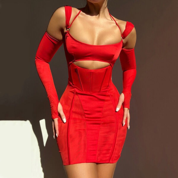 Stylish red bodycon dress featuring cut-out details and long sleeves, perfect for evening wear or special occasions.